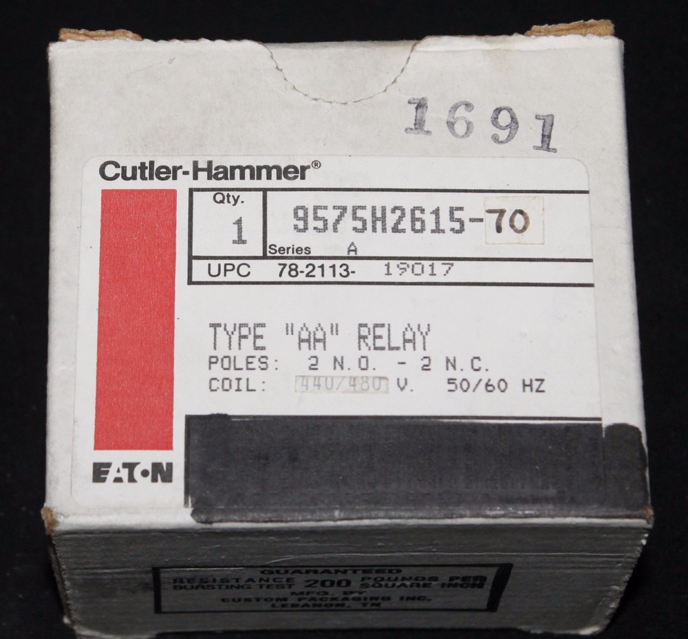 EATON CUTLER HAMMER Type AA Relay 440/480V 2 NO 2 NC POLES 9575H2615 70