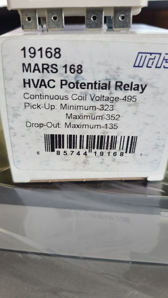 OEM MARS 168 HVAC Potential Relay 19168 Coil Voltage 495 (NEW)
