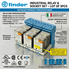 FINDER TIMER RELAY 60.13.8.230.0054 WITH 86.00.0.240.0000 & 90.03 SOCKET 3PCS