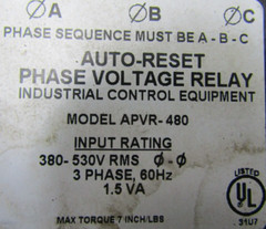 😃INSTRUMENT TRANSFORMERS 380-530 VOLT AC PHASE VOLTAGE RELAY 1.5 VA 3Ø APVR-480