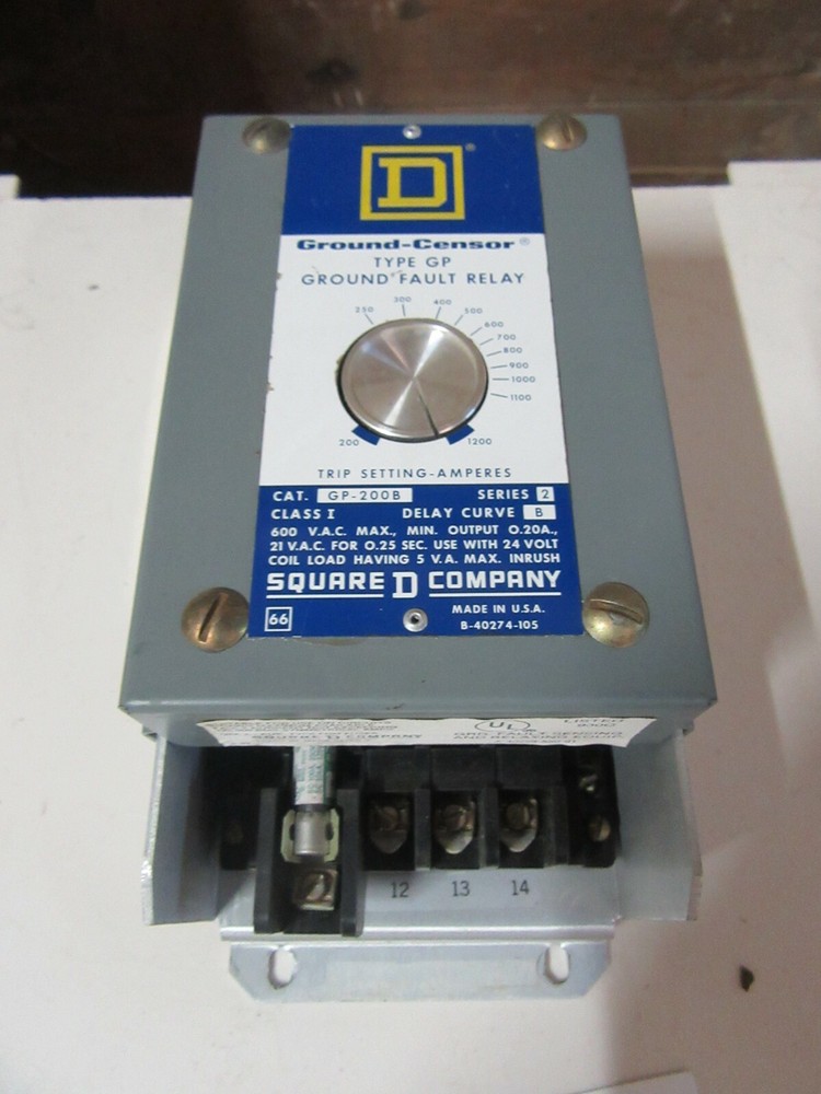 SQUARE D GP-200B TYPE GP GROUND FAULT RELAY 24 VAC INPUT 200 – 1200 AMPS SENSOR