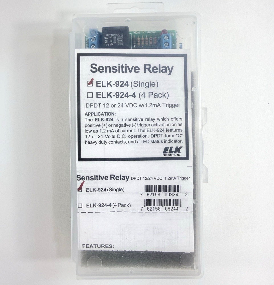 ELK-924 Sensitive Relay Module DPDT 12/24 VDC w/ 1.2 mA Trigger – Open Box