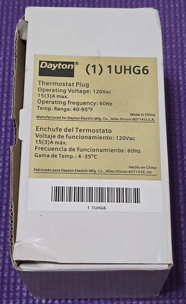 Dayton Thermostat Plug Model: 1UHG6 Temp. Range: 40-95⁰F 120VAC 15(3)A Max