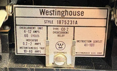 Westinghouse Type C0-2 Style 1875231A Overcurrent Relay