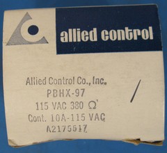 (1) ALLIED CONTROL RELAY PBHX-97 COIL = 110 VAC 380 Ohm, 10A 110 VAC CONT DPDT