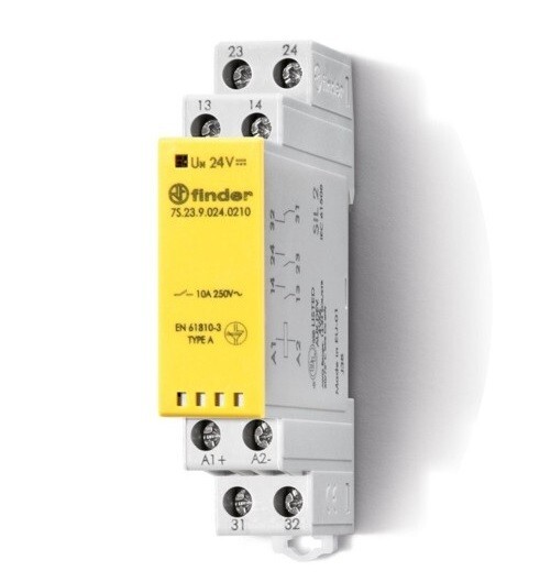 7S.23.9.024.0210, FINDER, Relay module 2NO + 1NC 10A, 24V DC COIL, AgN plated