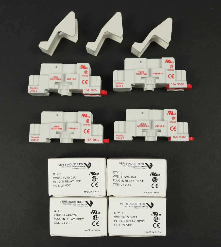 Lot of 4 Veris Industries VMD1B-F24D-02A Plug-In Relay & VBD1B-F Socket