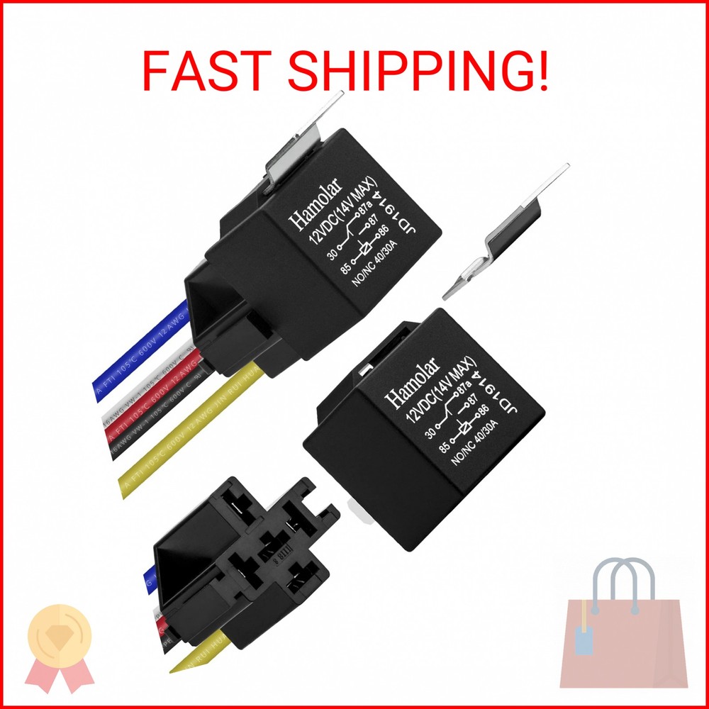Hamolar 2 Pack 12V 40/30 Amp Car Relay DC 5 Pin SPDT and Harness – Heavy Duty 12