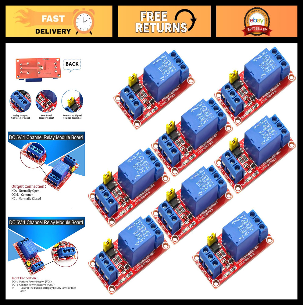 8-Pack 5V Relay Module – 1 Channel Optocoupler Board, High/Low Level Trigger for