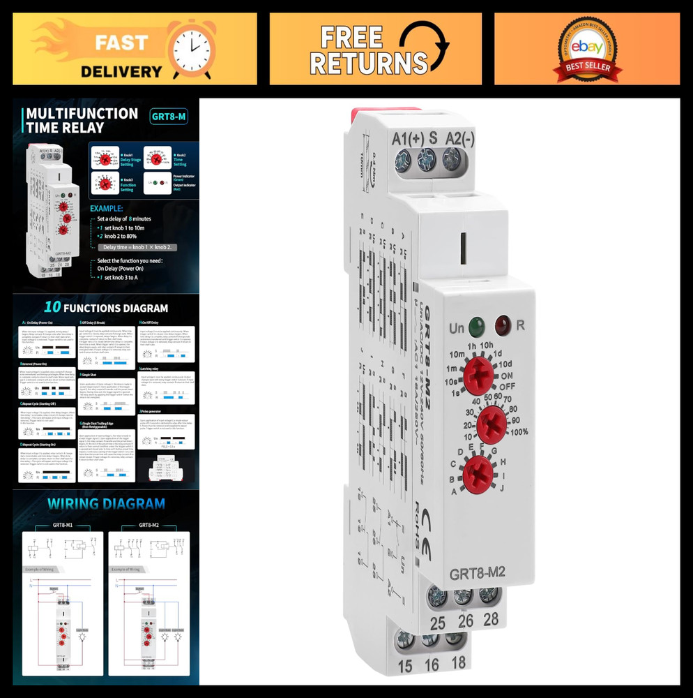 Adjustable Multifunction Time Relay 2 Outputs 16A Electronic Timer 12V-240V, Din