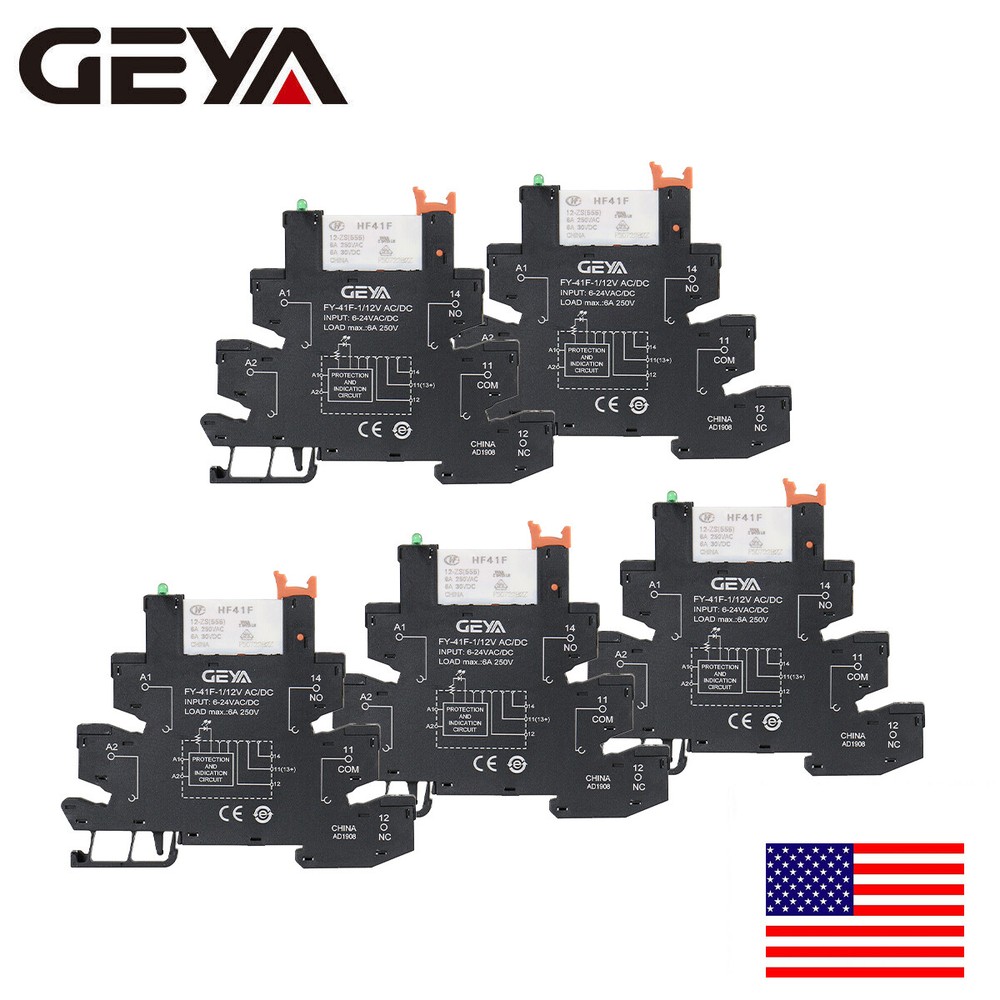 GEYA 5PCS 1 Channel Black UL Slim PLC AC/DC24V Relay Module Socket 6.2mm Thick