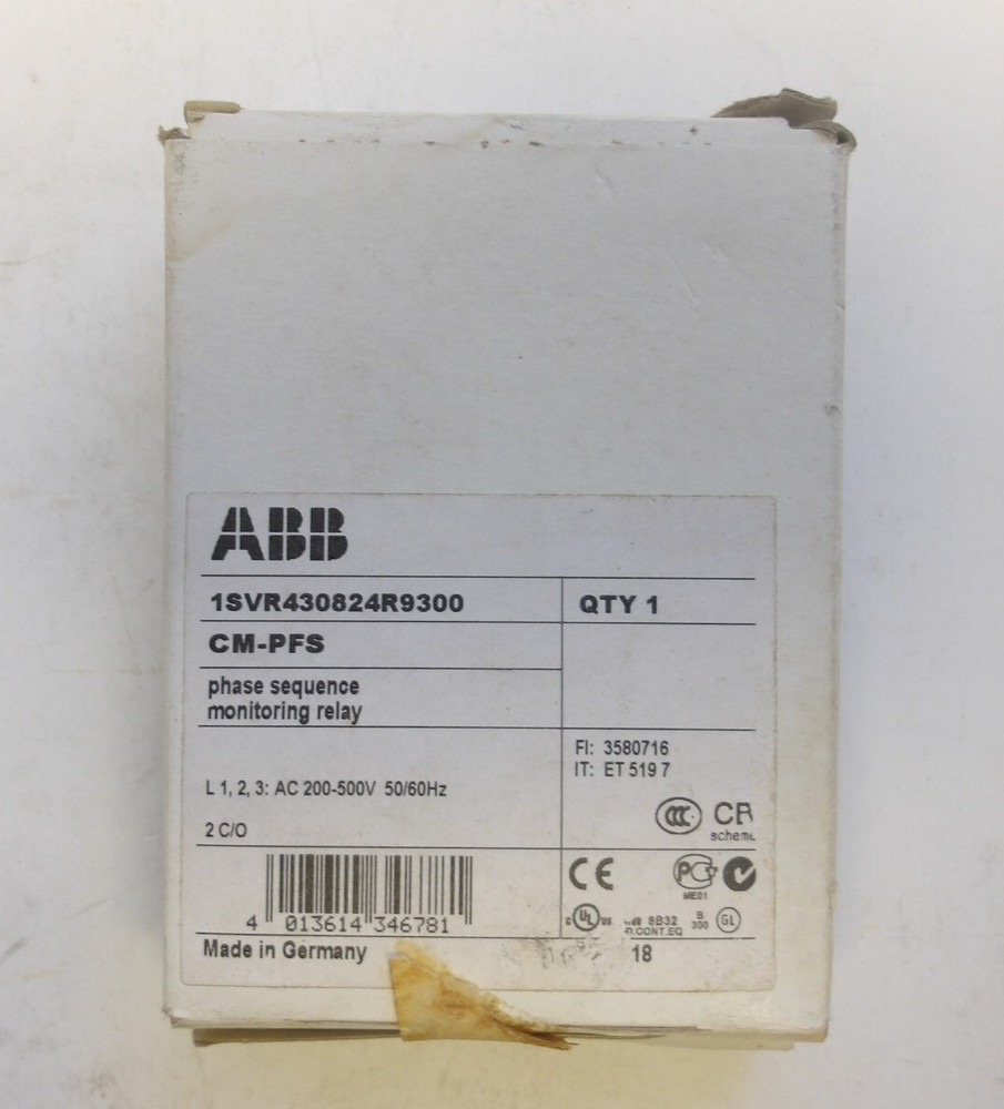 ABB P/N:1SVR430824R9300 PHASE SEQUENCE MONITORING RELAY 200-500V AC