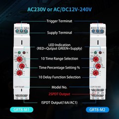 GRT8-M1 Multifunction Time Relay AC/DC 12-240V 16A 10 Timer Modes DIN Rail Mount