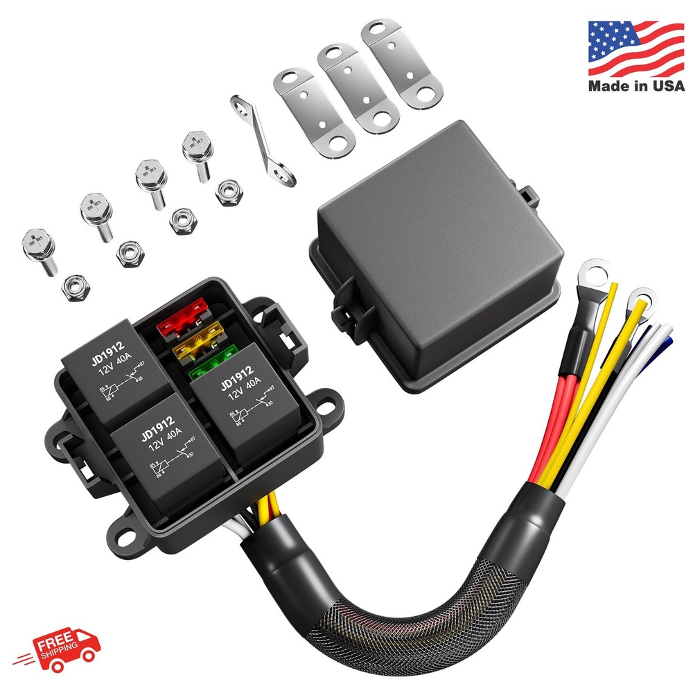 DaierTek 12V 3 Way Waterproof Relay Box Pre-Wired Fuse and Relay Box 3×4 Pin 40A