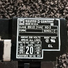 Square D 20A Class 8910 H0-3 203V 1 Year Warranty