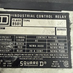 Square D Class 8501 Type X Relay Series A / Form 9545/ Type X0 60 **USED**