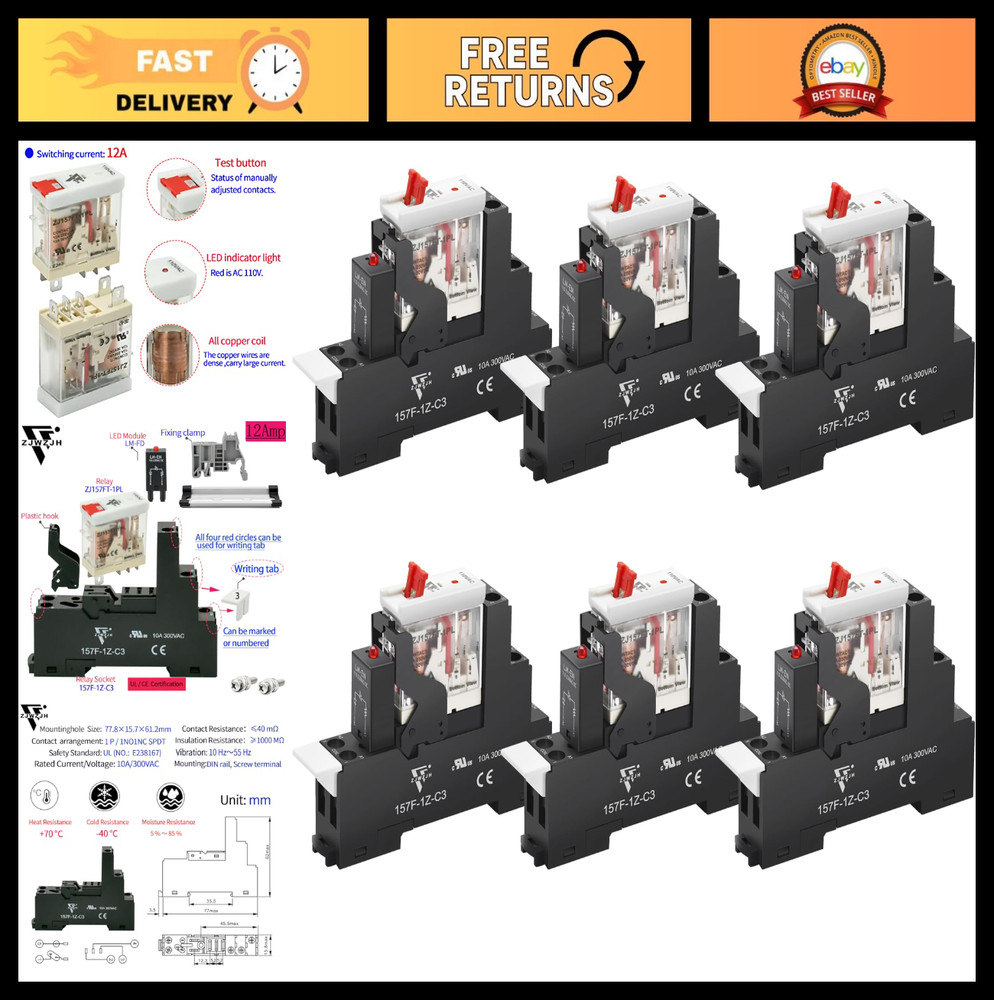 6Pcs 12A Electromagnetic Relay with Test Switch, 110V-120VAC, SPDT, LED Light, 5