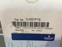 Emerson 124501P1S Contactor 3PL 24V coil 15/20 amp
