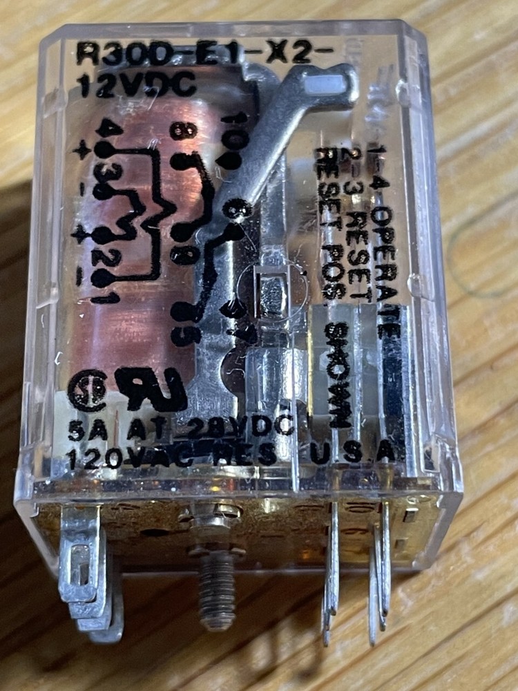 Potter & Brumfield DPDT relay, P/N R30D-E1-X2-12VDC, 12 VDC coil.