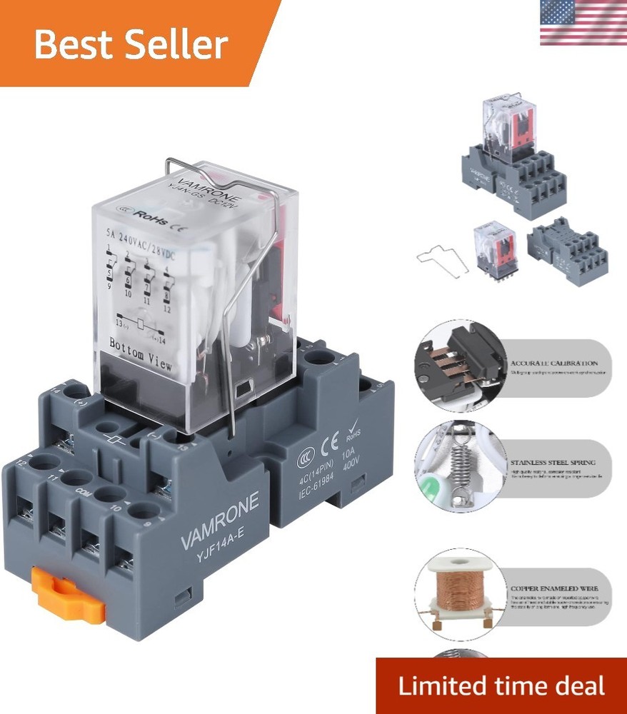 Electromagnetic Power Relay 14-Pin 24V DC 5A DPDT Socket Base LED Indicator