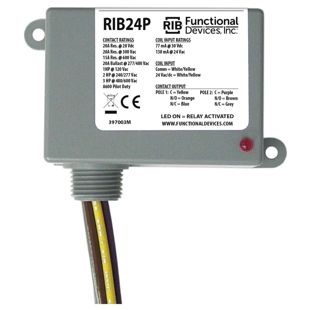 RIB24P Enclosed Relay, 20 Amp Dpdt with 24 Vac/Dc Coil