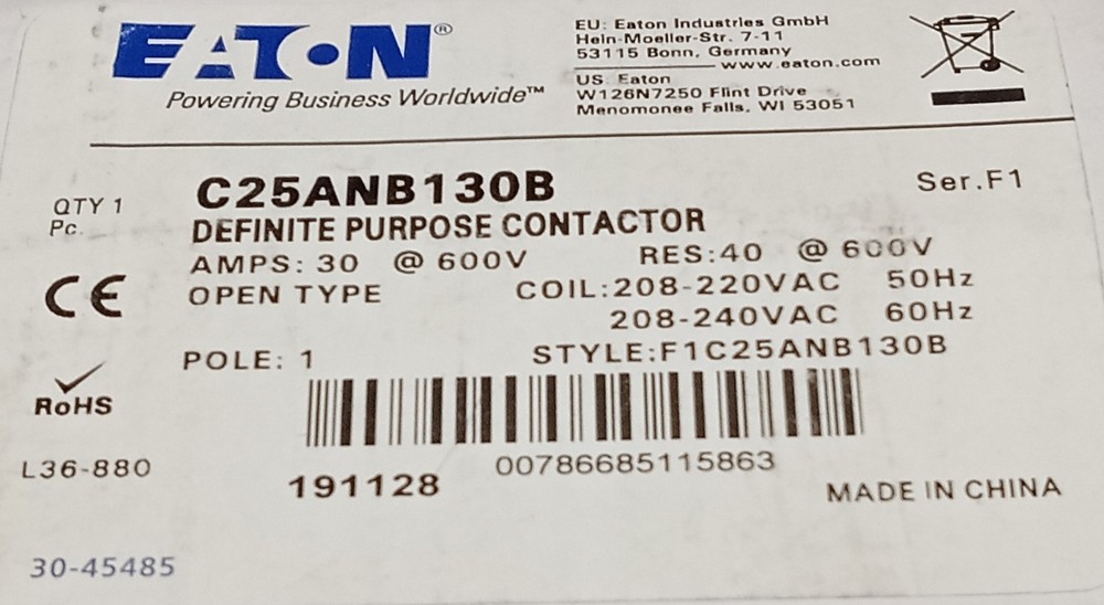 Eaton C25ANB130B Definite Purpose Contactor 1P 30A – New