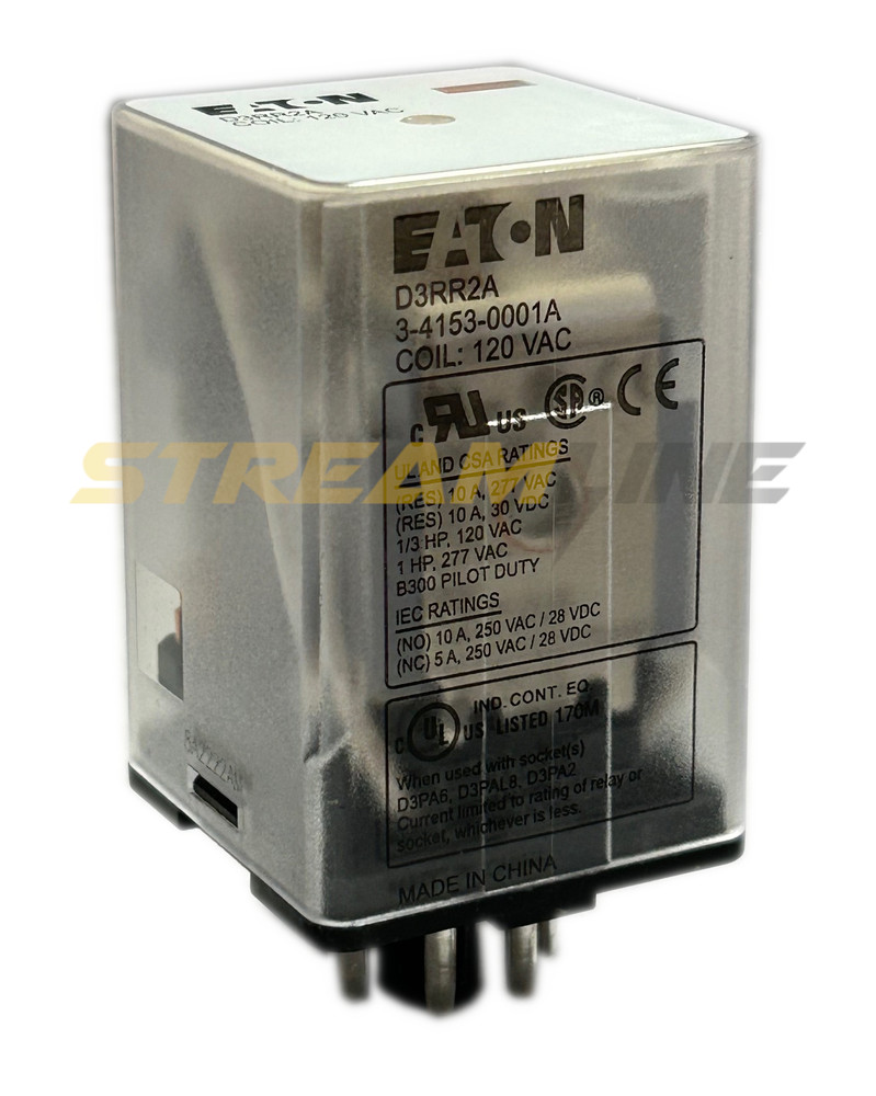 Eaton D3RR2A General Purpose Ice Cube Relay, 10 Amp, 120Vac, DPDT, 8 Pin Octal