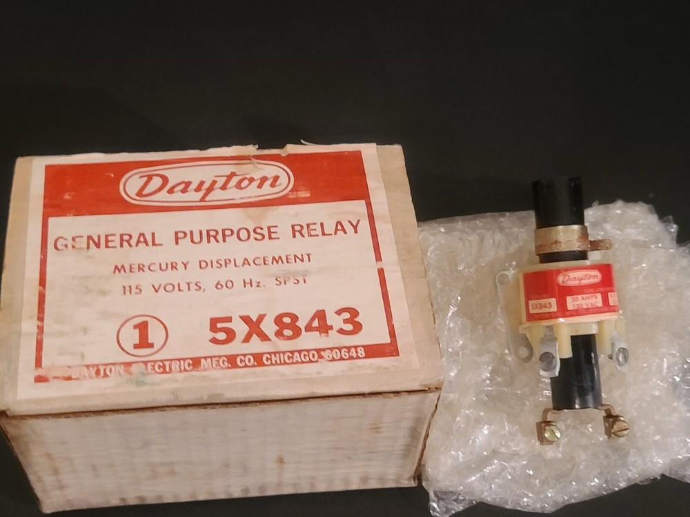 NIB DAYTON 5X843 GENERAL PURPOSE RELAY MERCURY DISPLACEMENT 115 VOLTS 60 HZ SPST