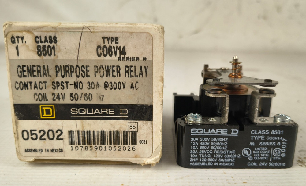 Square D 8501C06V14 SPST NO 30A Contact 300Vac 24Vac Coil Power Relay – NOS