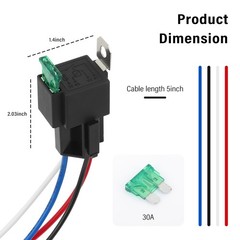 “4 Pin Relay 12V 40A with 30A Fuse DC SPST Fused Normally Open 1NO with 14 AWG H