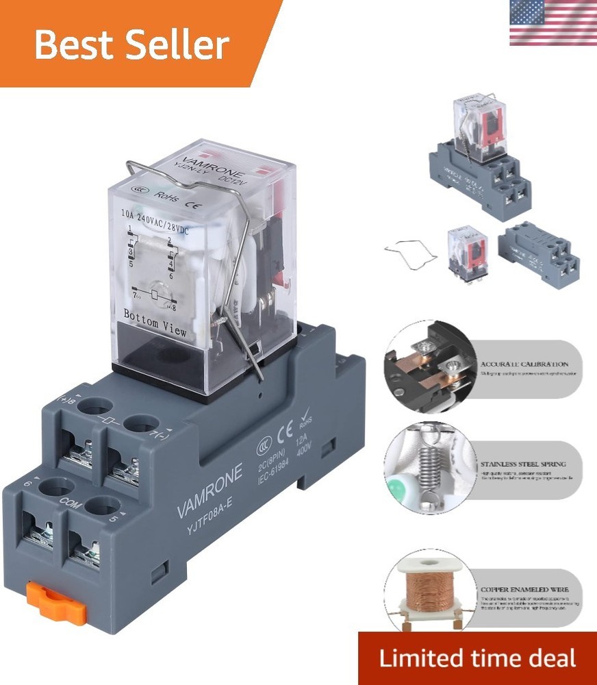 Electromagnetic Power Relay DPDT 8-Pin 10A 12V DC Socket Base LED Indicator