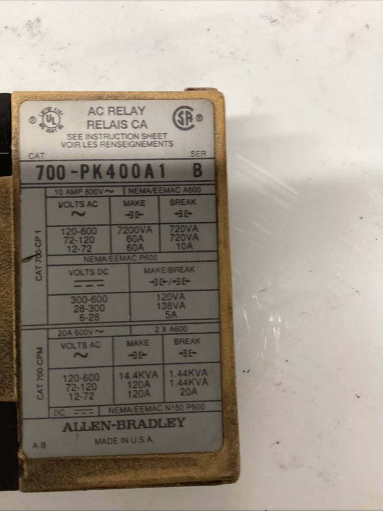 Allen Bradley 700-PK400A1 Coil Relay Ser B T-791