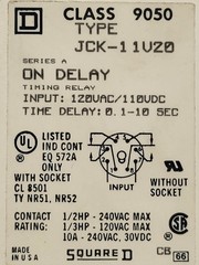 Square D 9050 JCK11V20 Timing Relay 10A 240V 8Pin 0.1-10Sec 50/400HZ 120V Coil
