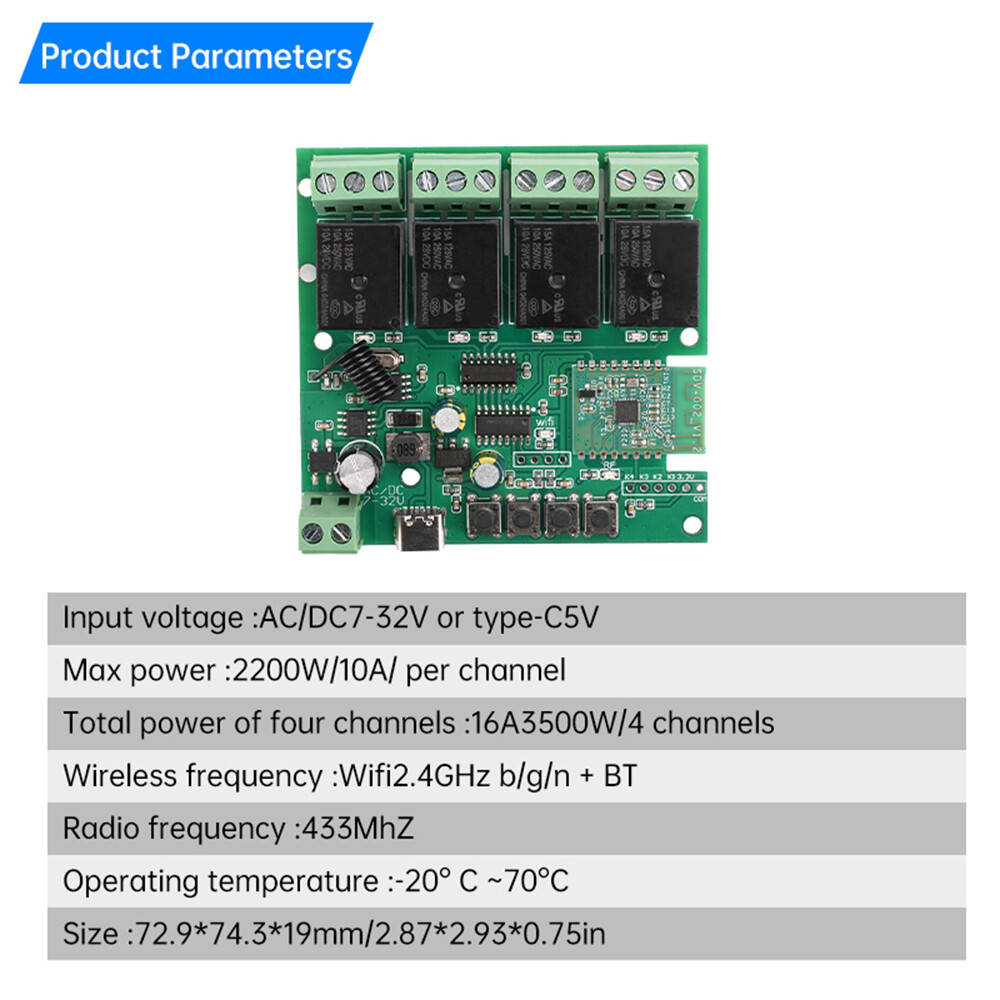 4 Channel Relay Switch Module 433MHZ RF APP Wireless Remote Control For eWeLink