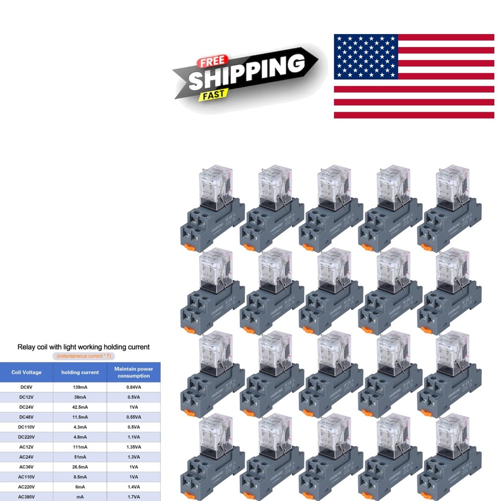Electromagnetic Power Relay 20PCS 8 Pin 10A 24VDC with LED Indicator and Socket