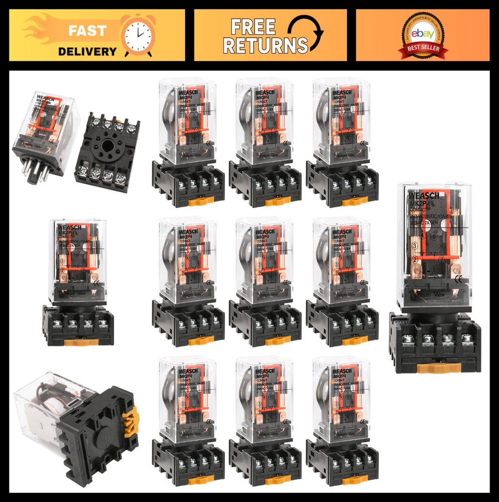 10 Pack Electromagnetic Power Relay 110V AC, 8-Pin DPDT with Base Socket for HVA
