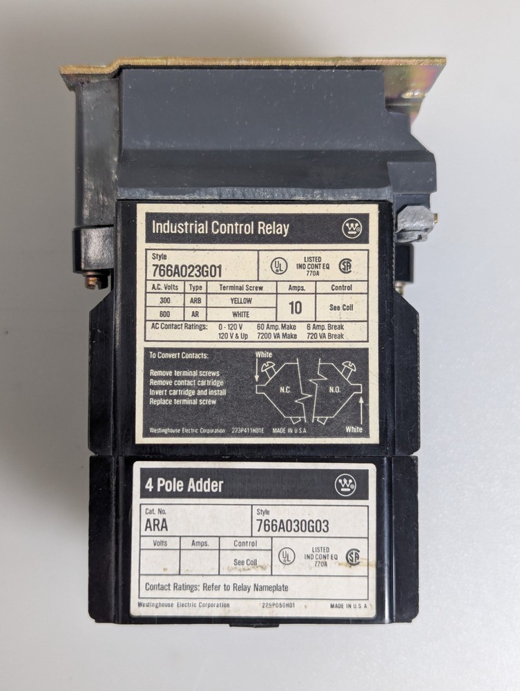 Westinghouse ARB4A Control Relay 766A023G01 W/ARA 4-Pole Adder 766A030G01