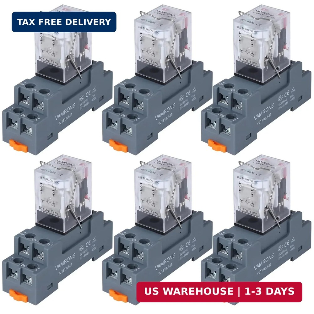6PCS Electromagnetic Power Relay, 8-Pin 10A 110/120 AC Relay Coil with Socket Ba