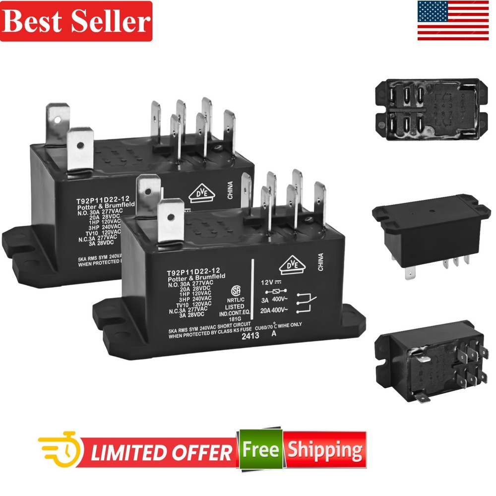 Power Relay Pack of 2 12V DC 30A Dual Pole Double Throw Compatible With 120/2…