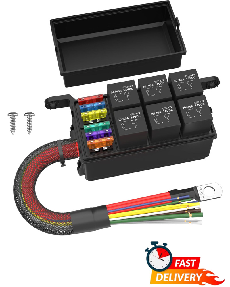 12V 6 Way Relay Box Waterproof Pre Wired Fuse Block 12AWG Automotive Marine