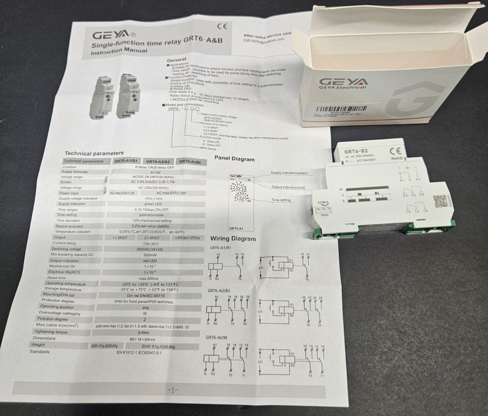 GEYA 2 Output 10A Delay Off Single Function Time Relay Electronic GRT6-B2-230