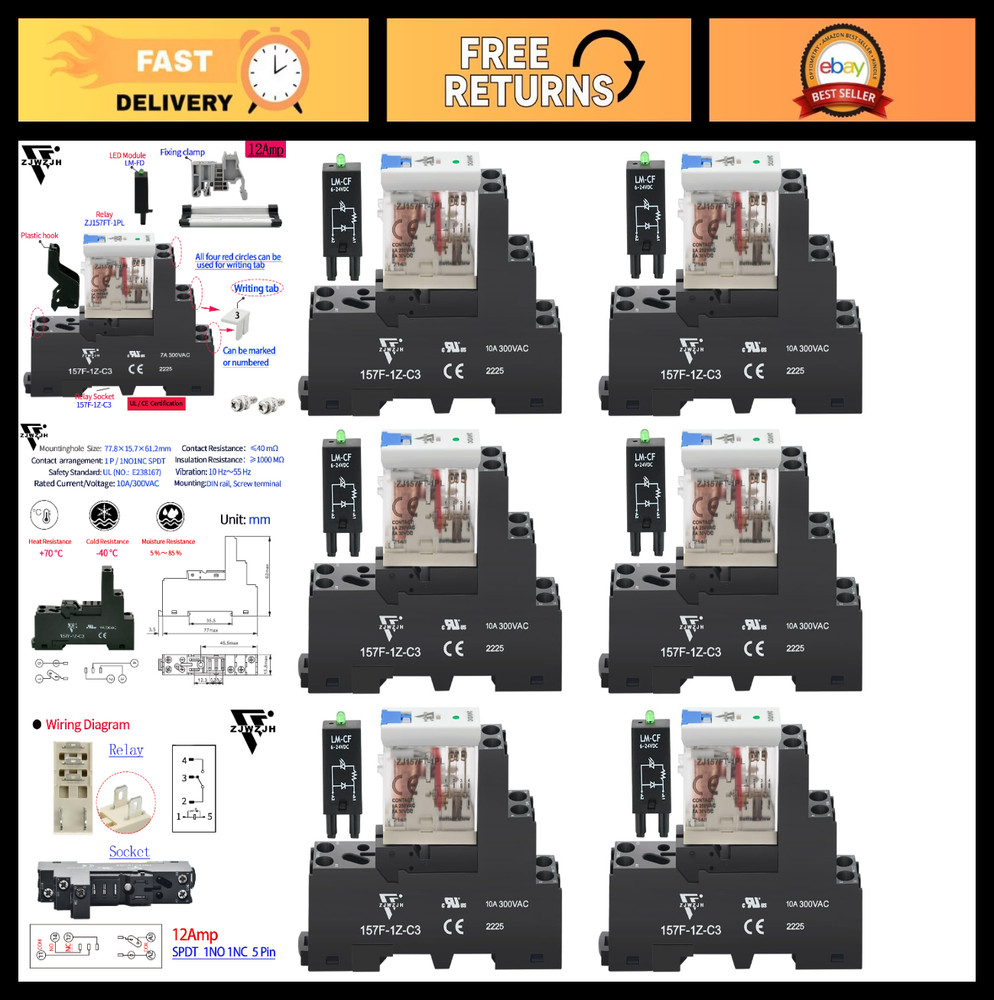 6 Pack 12Amp 24V DC Din Rail Relay – SPDT 5 Pin, Test Button, LED Light Module
