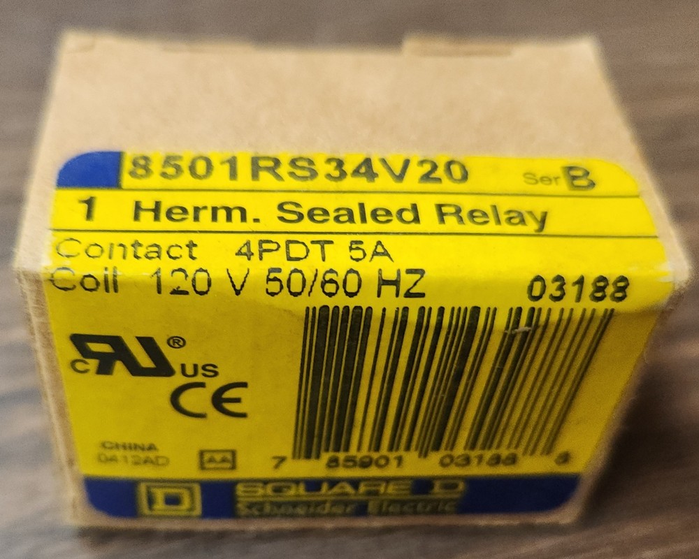 Square D 8501RS34V20 Hermtically Sealed Relay, 120VAC,5A,14Pins 2DW34