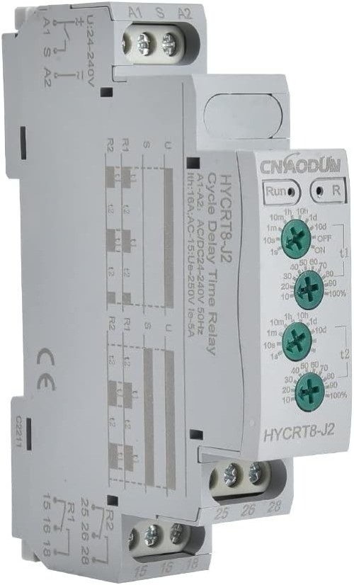 Asymmetric Cycle Timer Relay HYCRT8-J2 0.1s 10days AC DC 24 240V 2 Outputs DIN