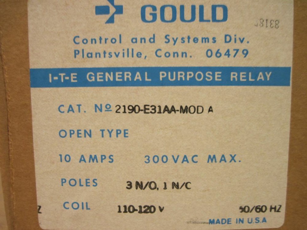 Gould 2190-E31AA-MODA ITE General Purpose Relay Open Type 10A 110-120v 3 Pole