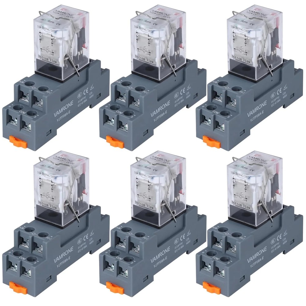 6PCS Electromagnetic Power Relay, 8-Pin 10A 12 DC Relay Coil with Socket Base, L
