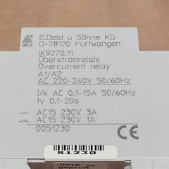 Dold IK9270.11 Overcurrent Relay, 220-240V 50/60Hz, .01-15A – USED
