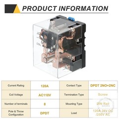 AC110V 120A Electromagnetic Relay, High Power Relay DPDT 2NO 2NC 8 Terminals Din