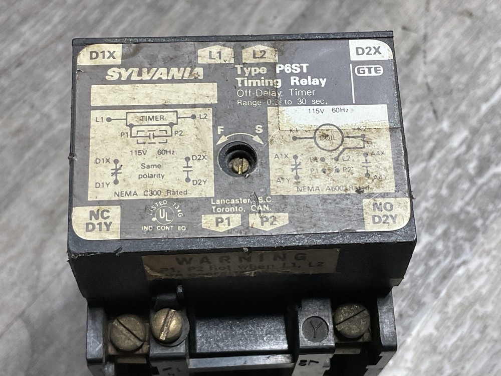 Sylvania P6ST Control Relay 115V Coil 60HZ Off-Delay Timer #318M120