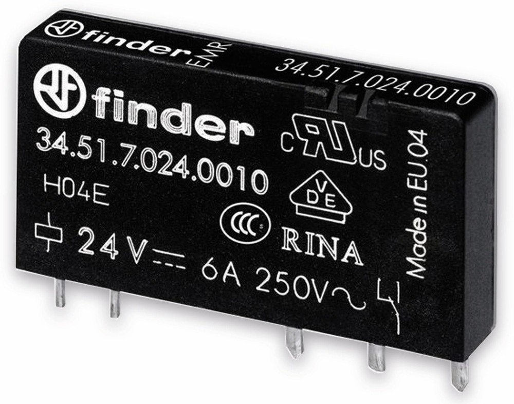 Finder 34.51.7.024.0010 Plug-in, Board Relay, 250V AC, SPDT, 6A, 24VDC Coil